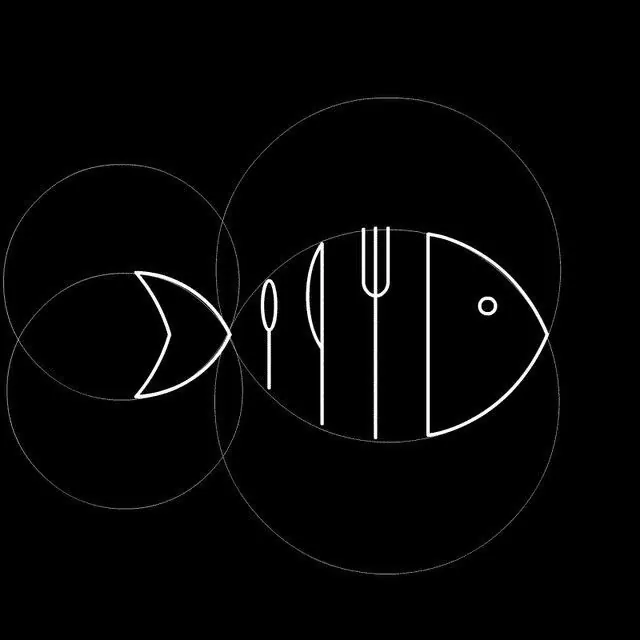 Minimalist line-art fish and dining utensils icon, minimal, line-art, vibrant