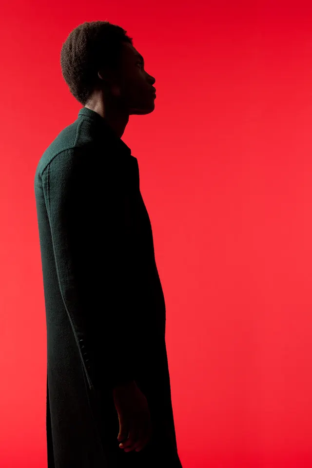 Profile portrait against vibrant red background, photographic, minimal, vibrant