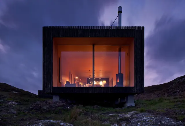 Modernist glass pavilion dusk landscape, photographic, technical, cool