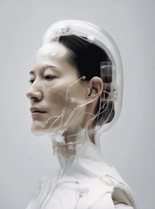 Futuristic transparent head sculpture with technical anatomy, 3d-render, technical, monochrome