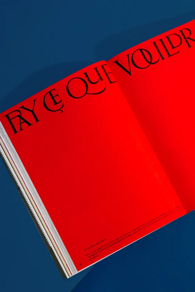 Editorial magazine cover in red and navy blue, editorial, bold, high-contrast