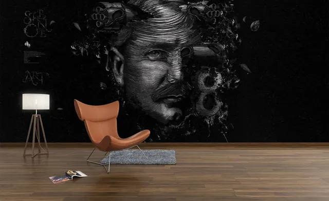 Gallery or showroom interior with art mural and vintage furniture, photographic, editorial, monochrome
