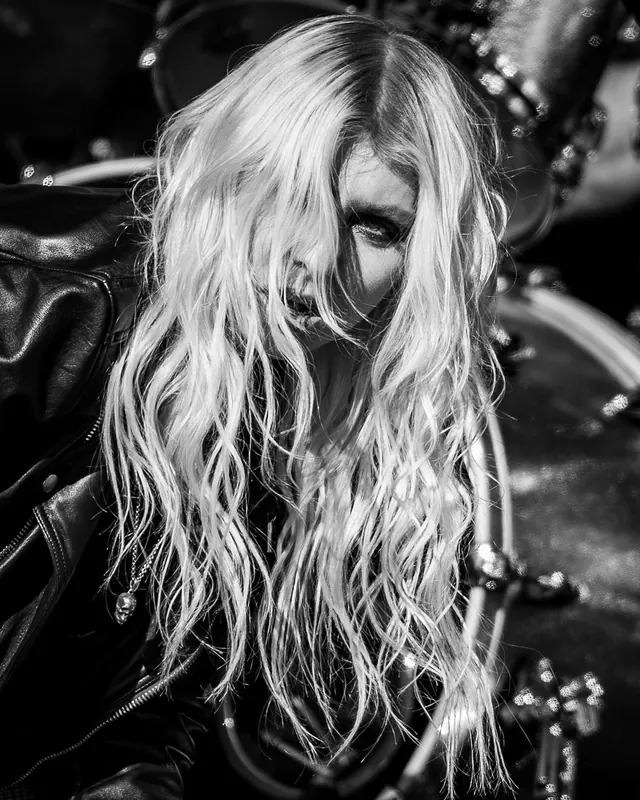 Black and white portrait with platinum blonde hair, photographic, editorial, monochrome