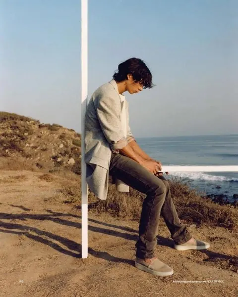 Man on Beach with Vertical Line