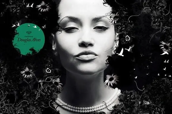 Black and white portrait with green "Douglas Alves" badge, editorial, photographic, monochrome