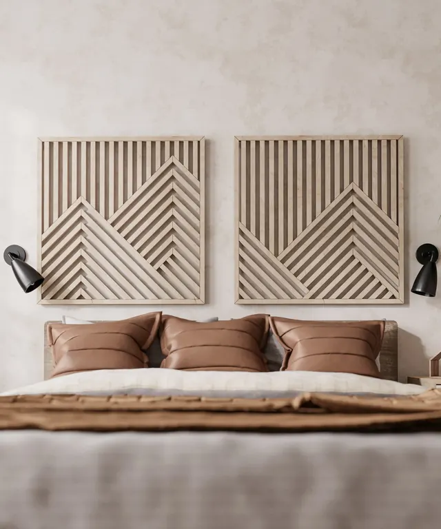 Geometric wooden wall art diptych above bedroom, minimal, organic, muted