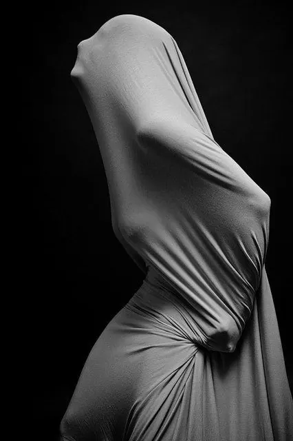 Draped fabric figure study photography, photographic, minimalist, monochrome
