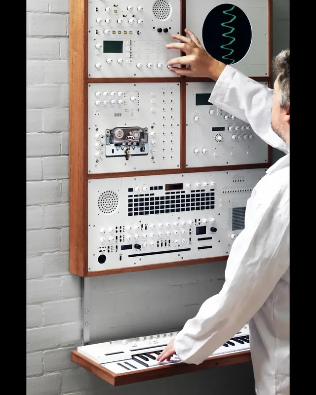Vintage synthesizer control panel with interactive demonstration, technical, retro, light