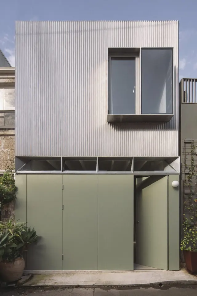 Minimalist modular architecture facade with corrugated cladding, minimal, corporate-clean, light