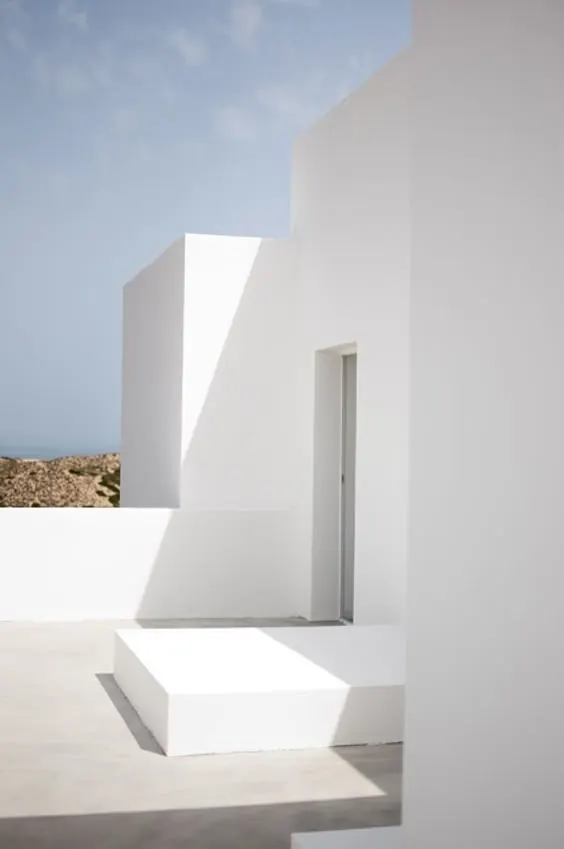 Minimalist white architecture with geometric shadows, minimal, geometric, light