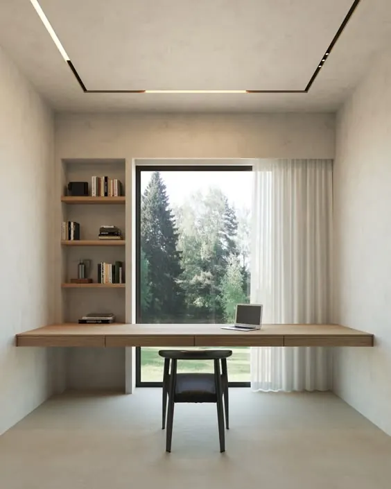 Minimal home office with nature view, minimal, light-mode, light