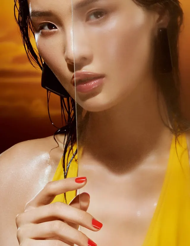 Split-portrait beauty photography with warm golden lighting, photographic, luxury, warm