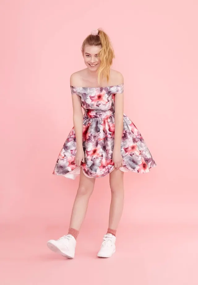 Portrait with Floral Dress on Pink Background, photographic, minimal, pastel