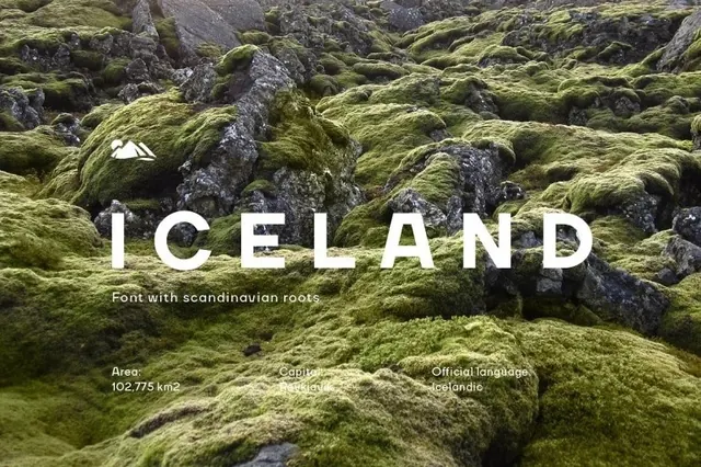 Iceland typography with moss and rock landscape, photographic, editorial, earthy