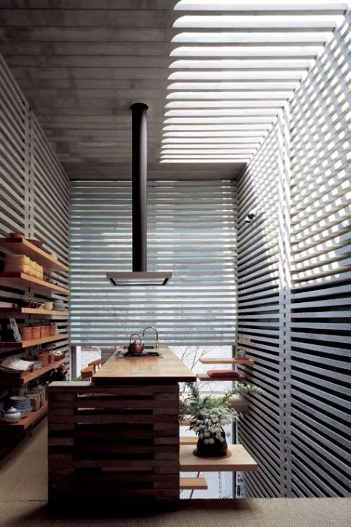 Minimalist loft kitchen with slatted ceiling, photographic, minimalist, light