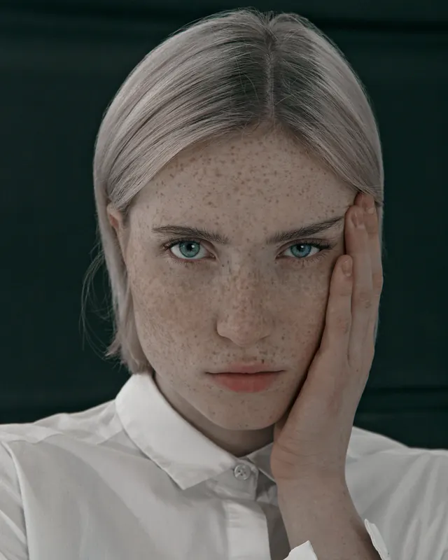 Portrait with muted tones, photographic, minimal, muted