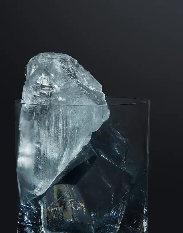 Ice cube in water still life product photography, photographic, minimal, cool
