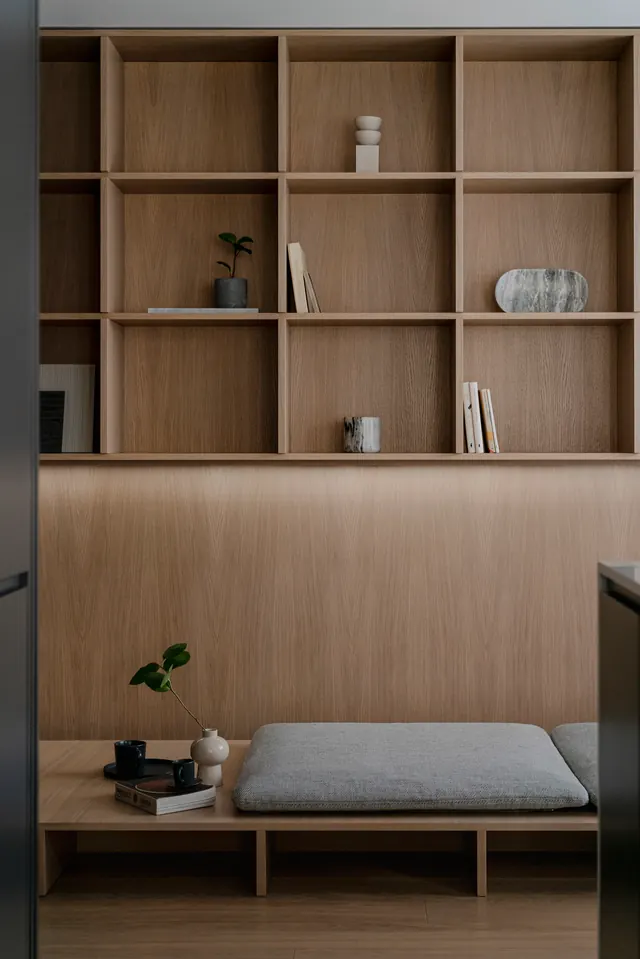 Minimalist wooden shelving storage system, minimal, organic, warm