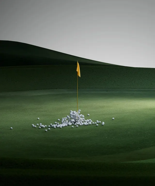 Golf course fairway with flag and balls, photographic, minimal, muted