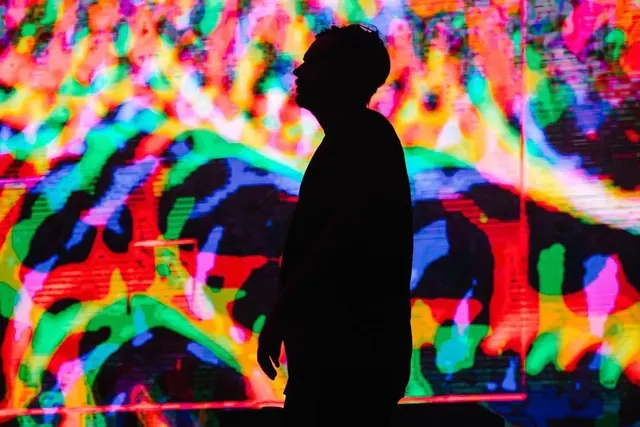 Silhouette against neon abstract background, photographic, abstract, vibrant