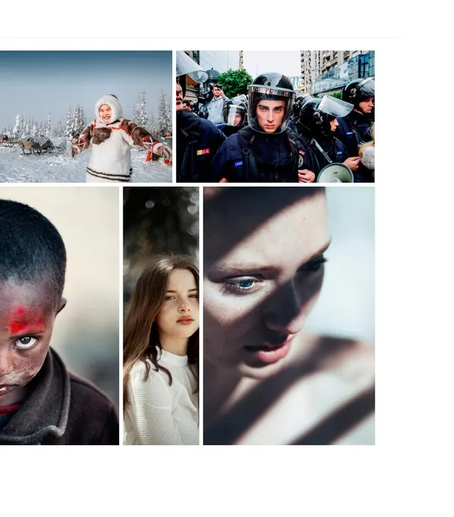 Photography moodboard with diverse portrait grid, photographic, editorial, cool
