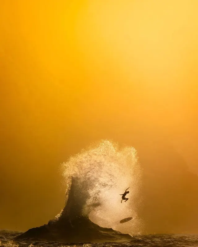 Person diving into wave with golden light, photographic, energetic, warm