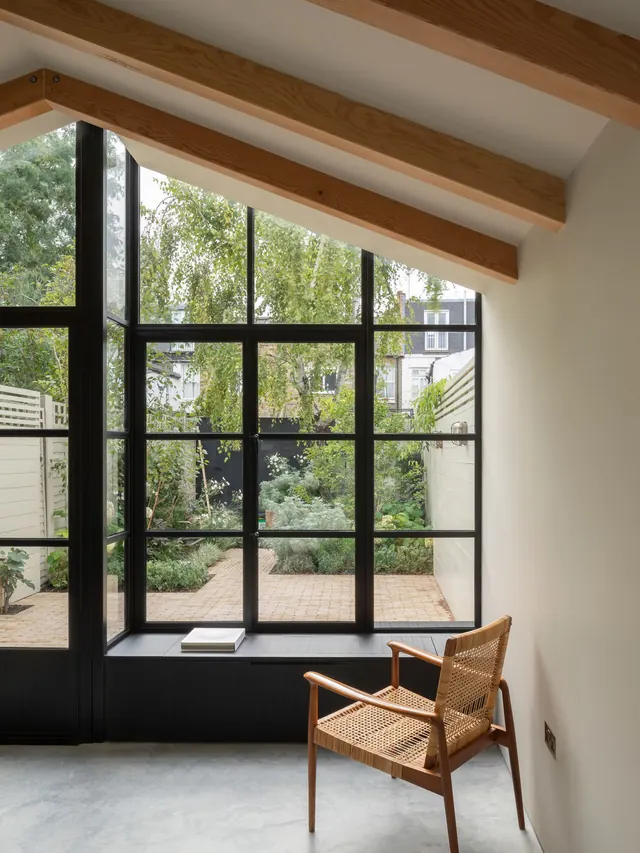 Modern Interior with Wood Beams and Glass Wall