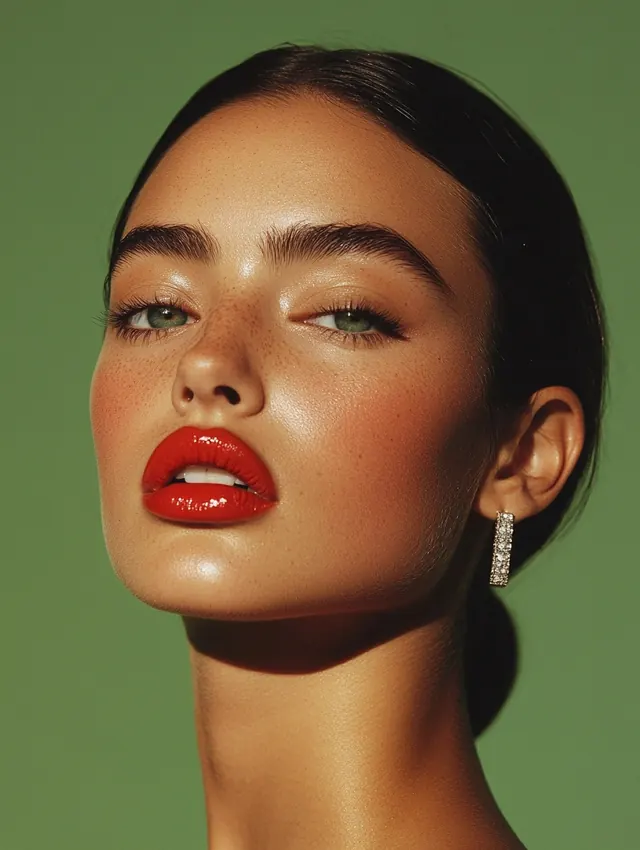 Portrait with red lips and jewelry, photographic, playful, vibrant