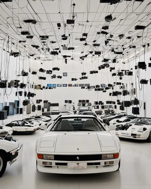 Sports car museum suspended cameras installation, photographic, minimalist, monochrome