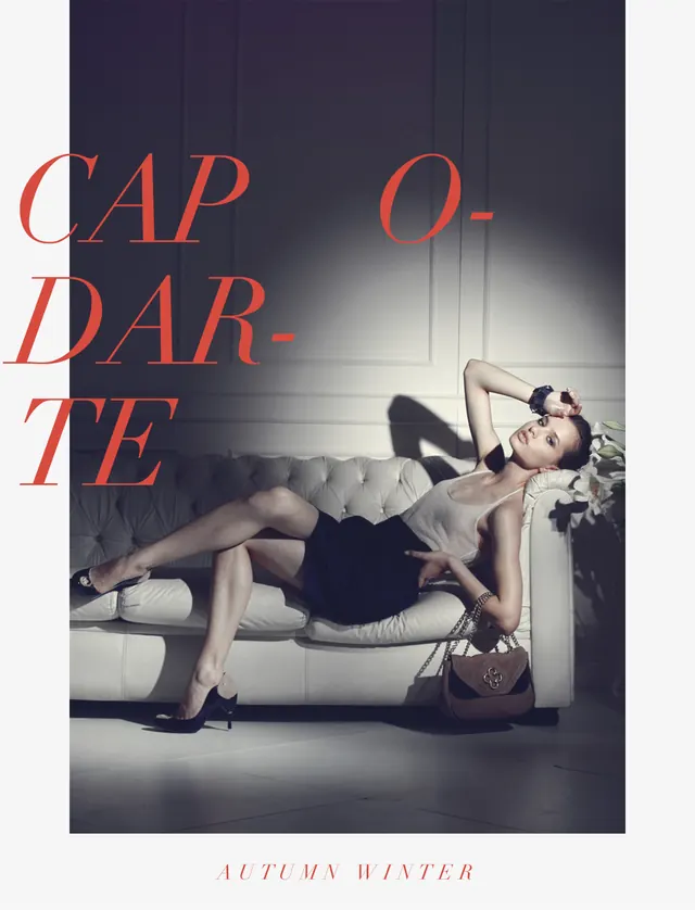 Fashion lookbook with serif typography overlay, editorial, photographic, dark
