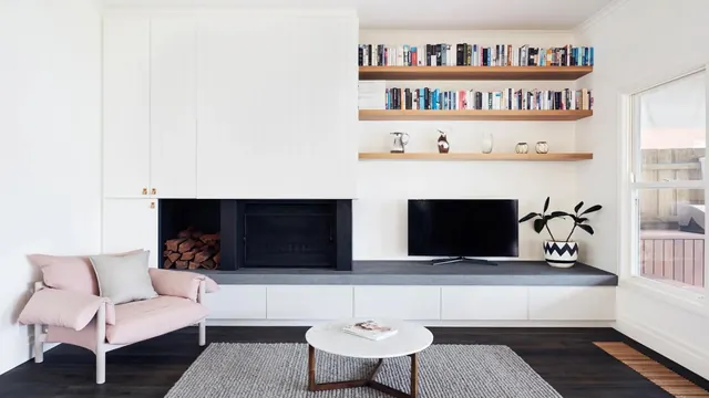 Minimalist Melbourne living room with integrated storage, minimal, swiss, light