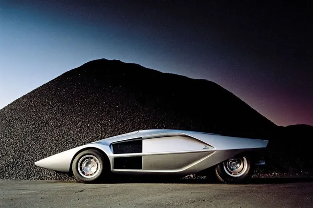 Lancia Stratos concept car by Marcello Gandini, minimalist, photographic, dark