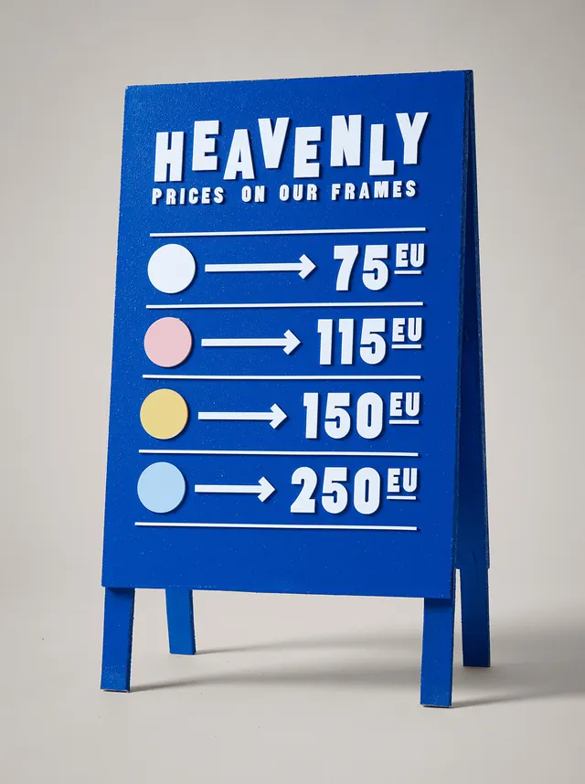 Optical glass pricing display with frame mockup, corporate-clean, graphic, dark