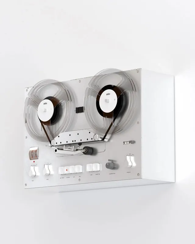 Vintage open-reel tape recorder product shot, photographic, minimal, light