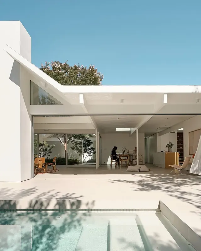 Modern minimalist residential architecture with pool, photographic, minimal, light