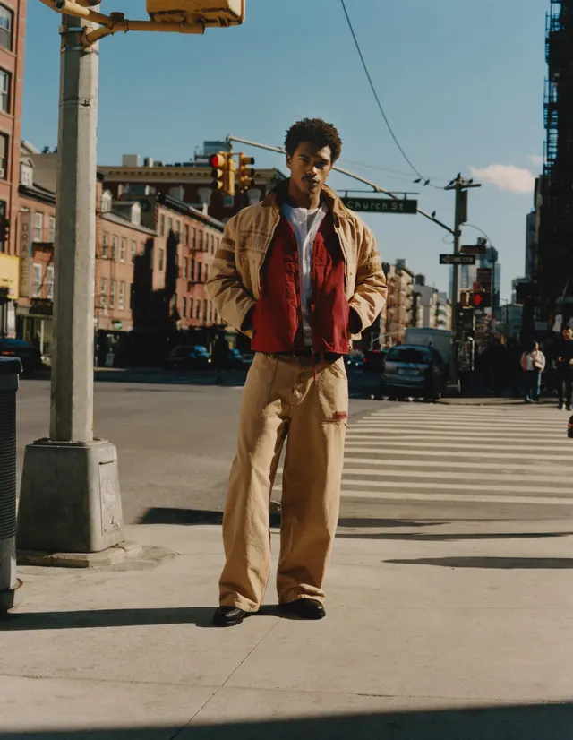 Beige and red urban street style, photographic, editorial, warm
