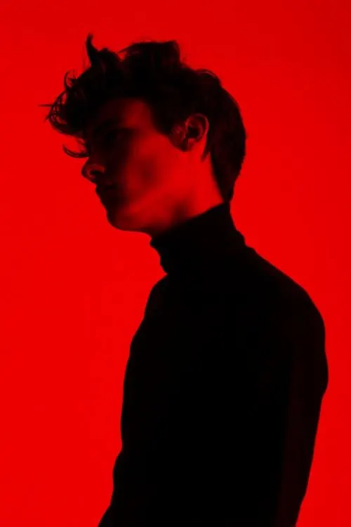 Red and black silhouette portrait, dark-mode, photographic, dark