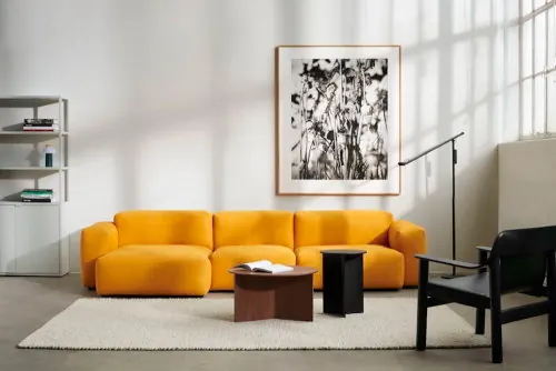 Minimalist interior with yellow sofa, minimal, photographic, light