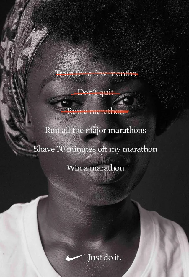 Nike Chicago Marathon portrait with typography overlay, photographic, editorial, dark