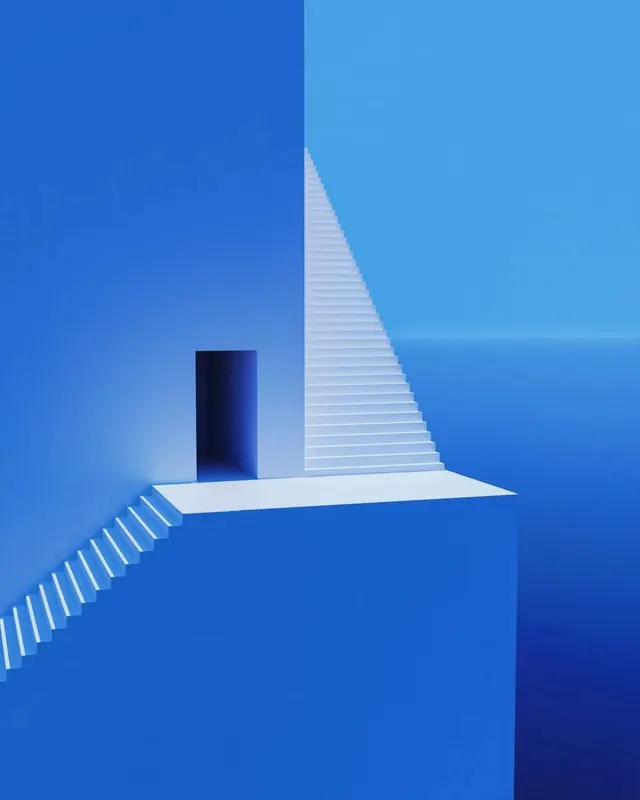 Minimalist blue 3D architecture with staircase, 3d-render, minimal, blue