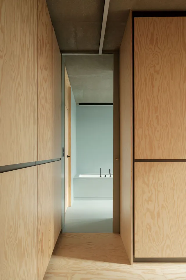 Minimalist wooden corridor with light threshold, minimal, swiss, warm