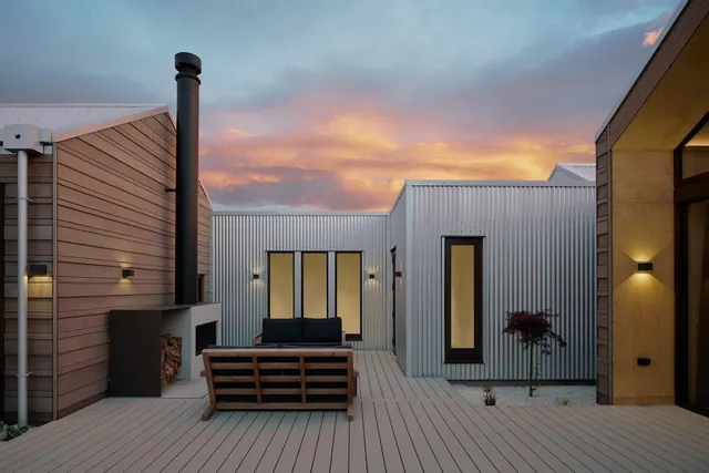 Minimalist courtyard at dusk, minimal, organic, warm