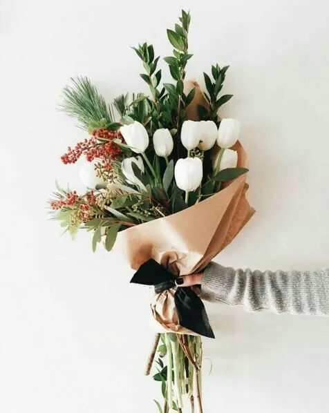 Floral bouquet with white tulips, organic, photographic, light