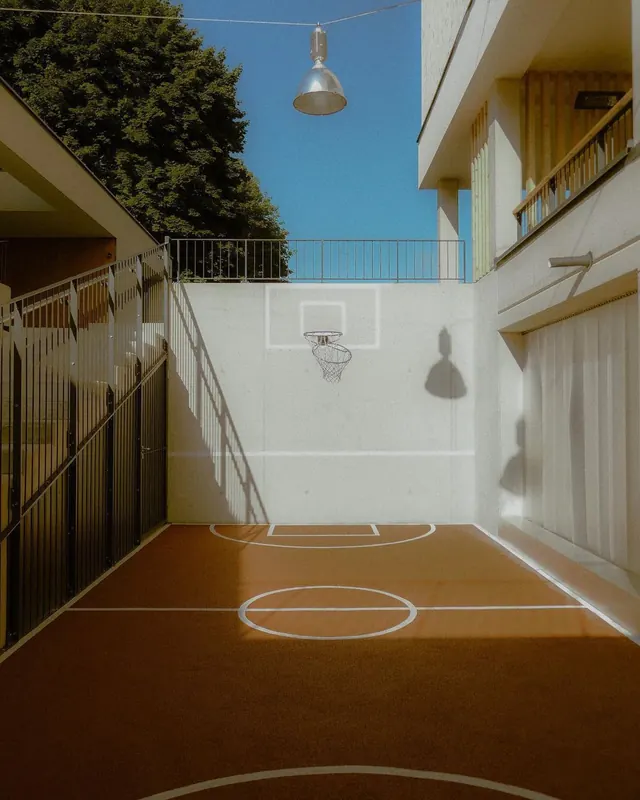 Modern minimal sports court architecture, minimal, brutalist, cool