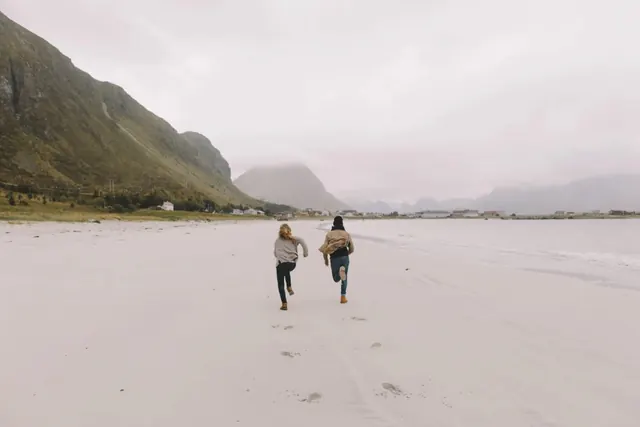 Landscape runners on beach, photographic, minimalist, earthy