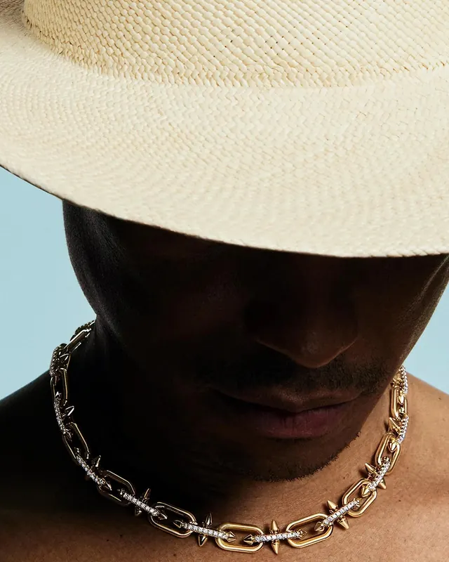 Portrait with straw hat and gold chain jewelry, photographic, minimal, warm