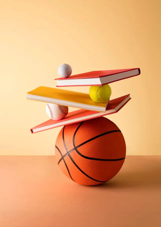 Balanced sports objects editorial cover, 3d-render, playful, warm