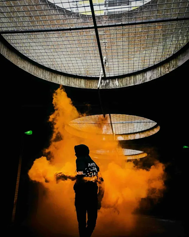 Smoke and orange glow portrait, photographic, abstract, warm