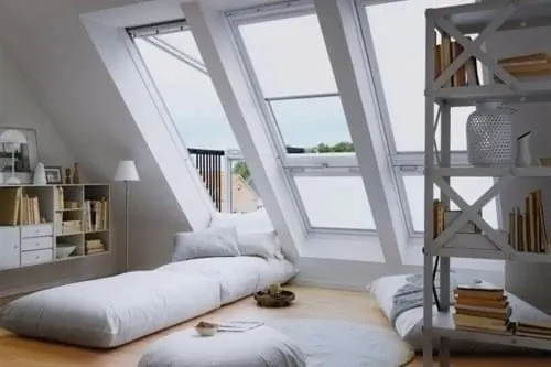 Attic bedroom with skylights, minimalist, photographic, light
