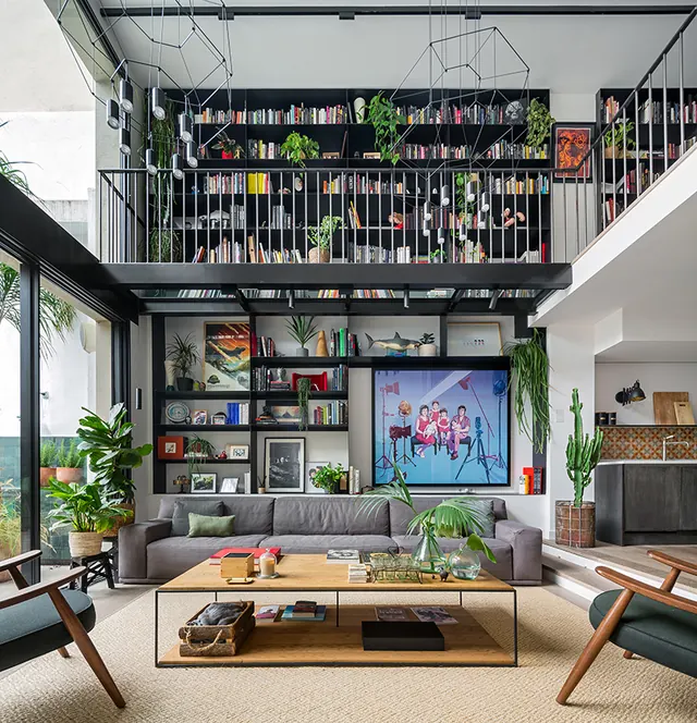 Library loft with hanging plants, minimalist, organic, dark